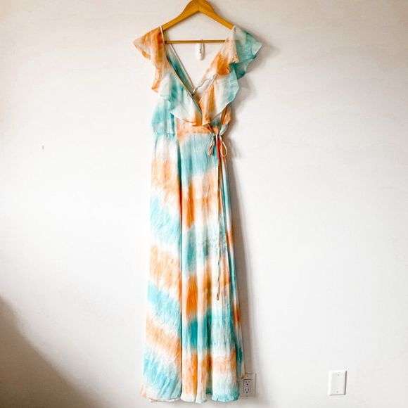 Luxxel Blue Orange Tie Dye Chiffon Frill Maxi Dress Blue Orange Sz M - Picture 3 of 11